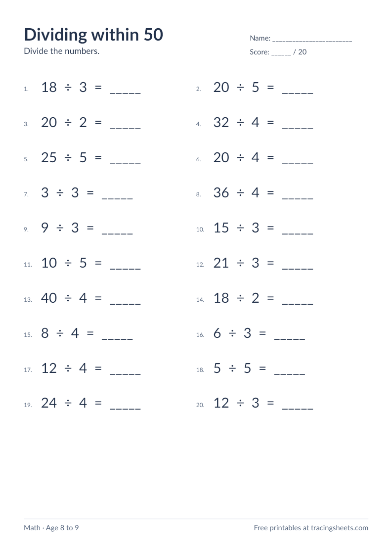 Preview of the printable dividing within 50 worksheet