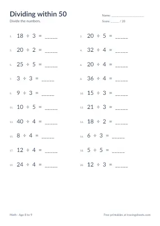 Preview of the dividing within 50 worksheet