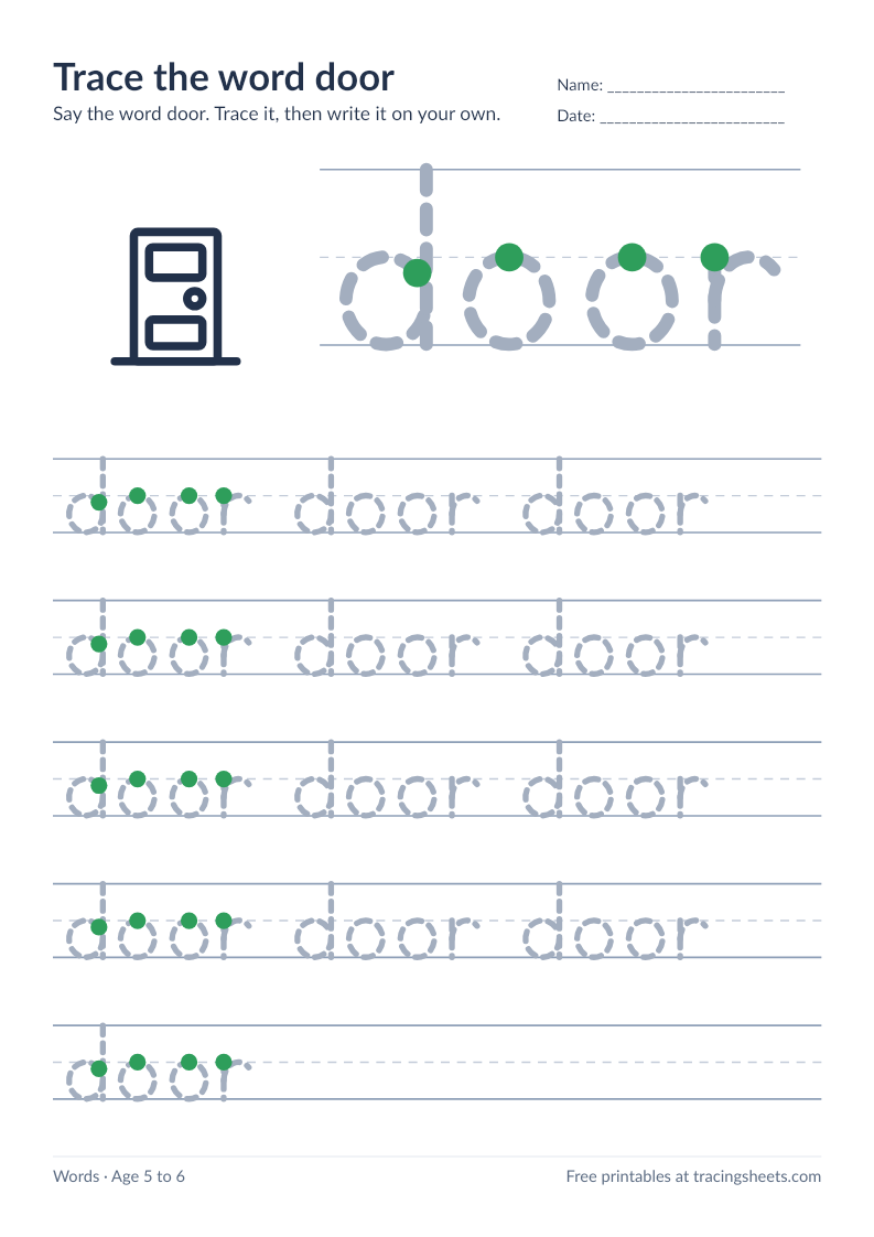 Preview of the printable trace the word door worksheet