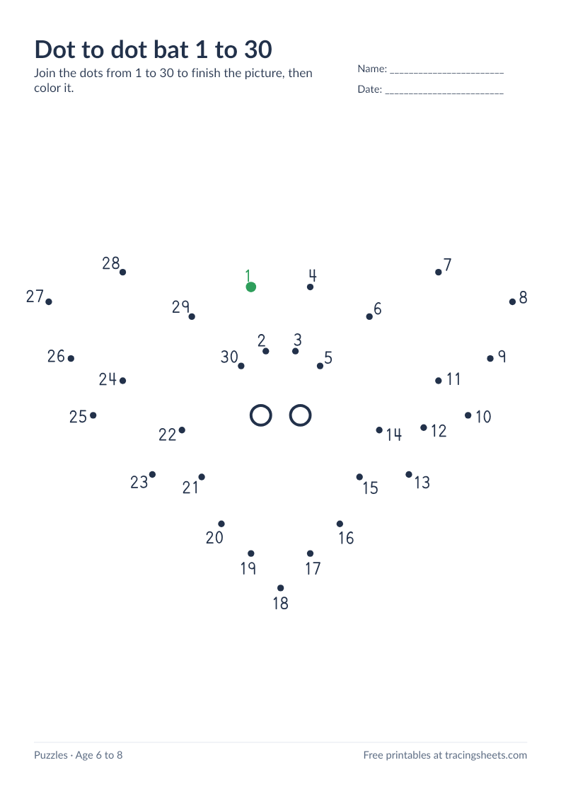 Preview of the printable dot to dot bat 1 to 30 worksheet