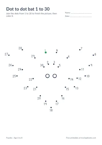 Preview of the dot to dot bat 1 to 30 worksheet
