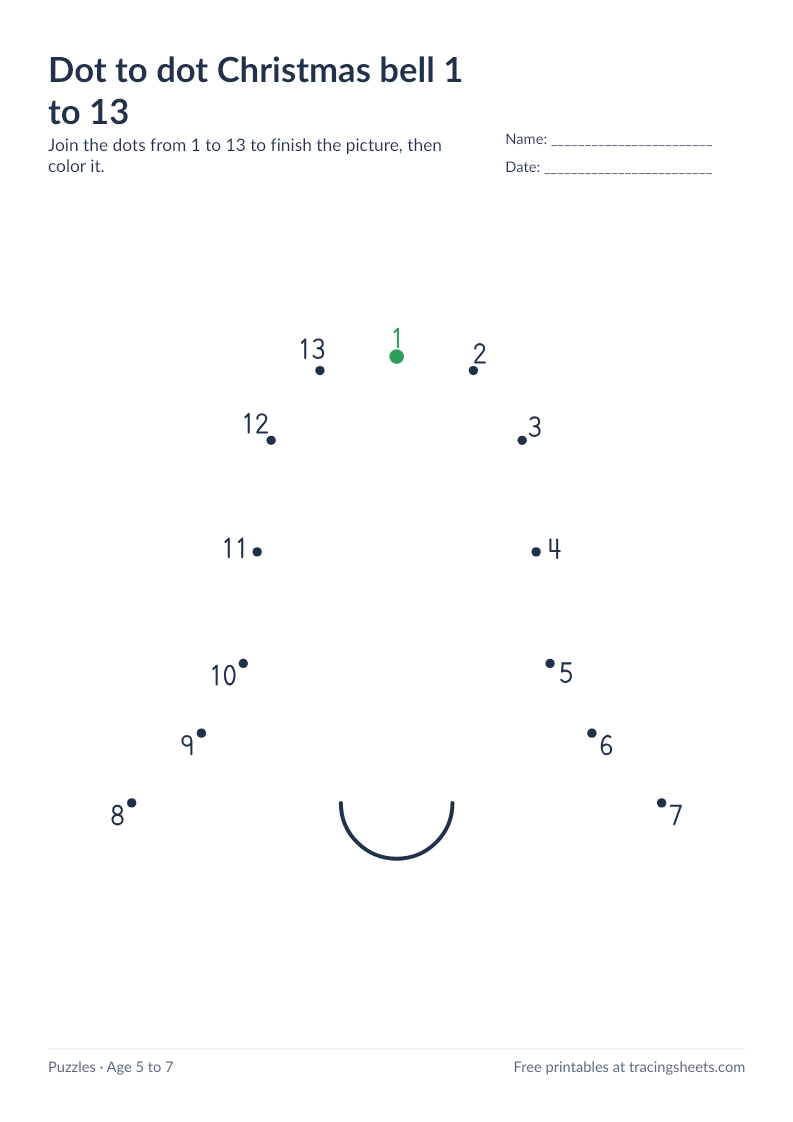 Preview of the printable dot to dot christmas bell 1 to 13 worksheet