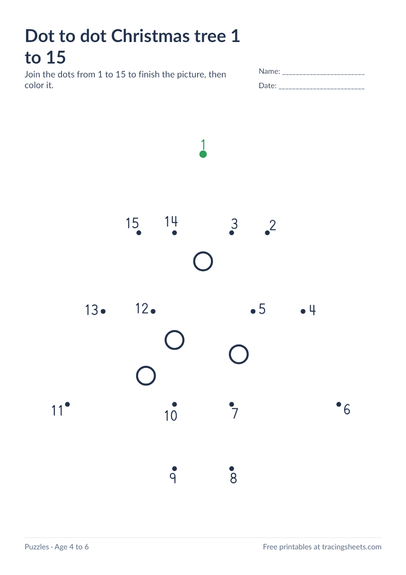 Preview of the printable dot to dot christmas tree 1 to 15 worksheet