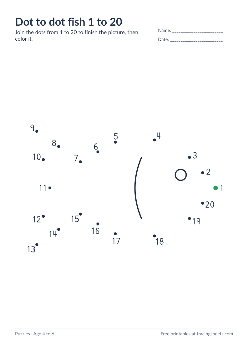 Preview of the printable dot to dot fish 1 to 20 worksheet