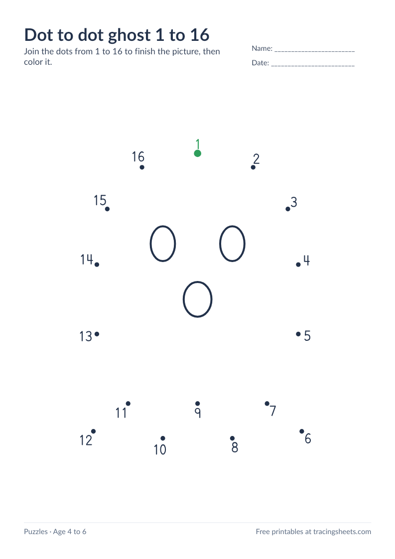 Preview of the printable dot to dot ghost 1 to 16 worksheet