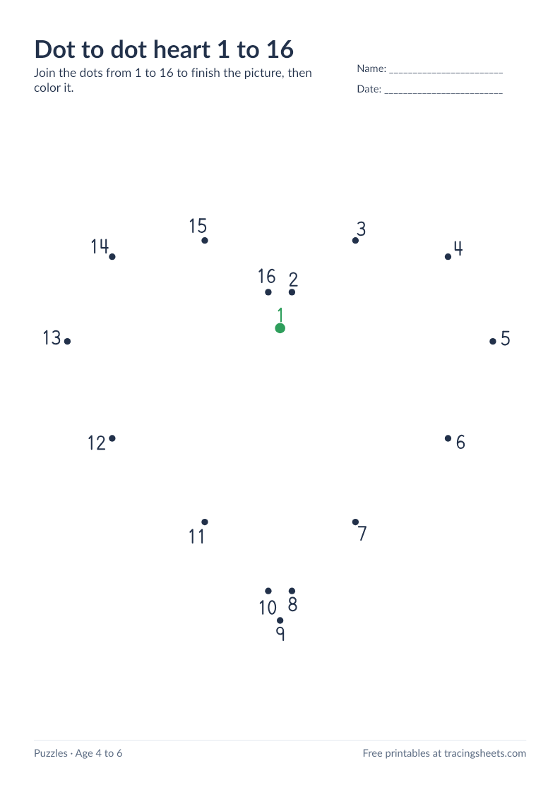 Preview of the printable dot to dot heart 1 to 16 worksheet