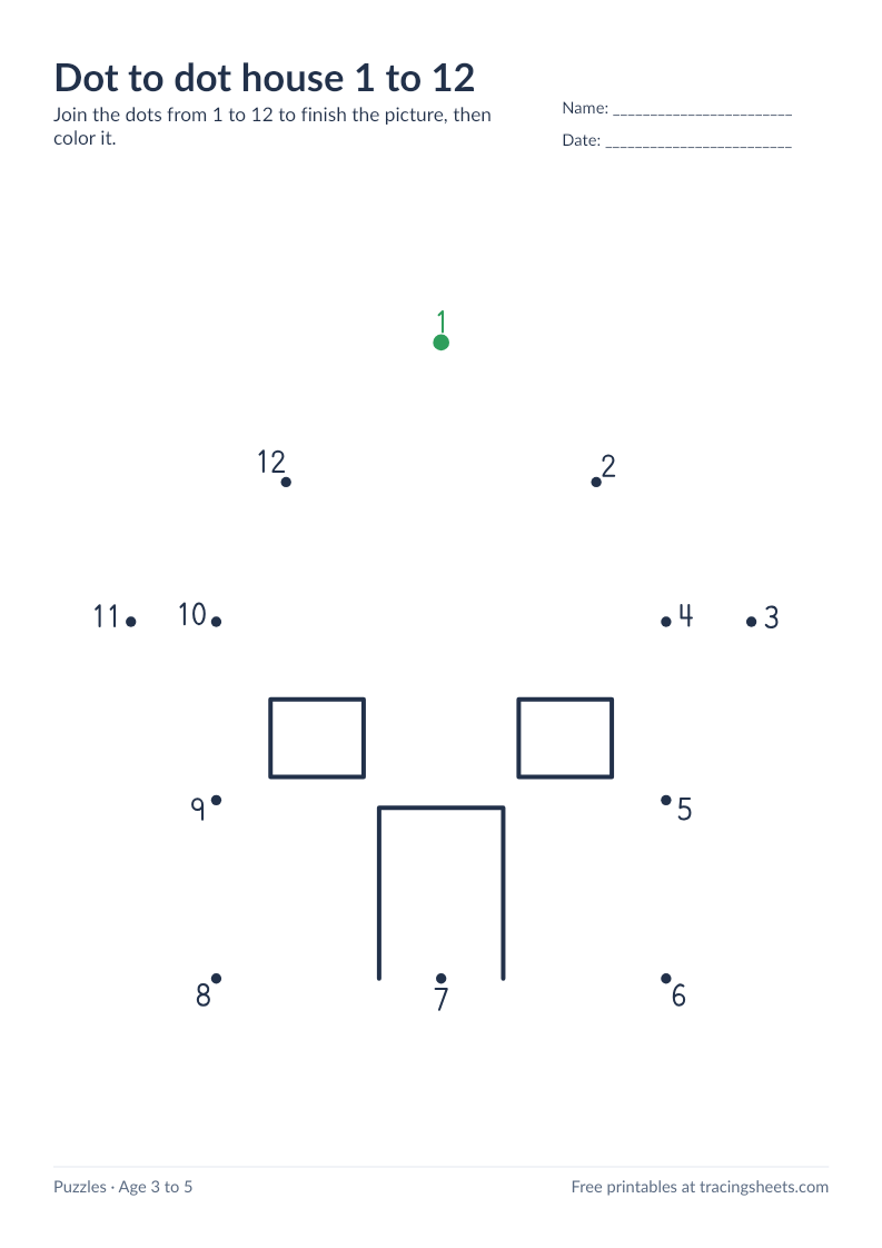 Preview of the printable dot to dot house 1 to 12 worksheet