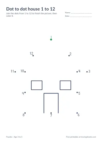 Preview of the dot to dot house 1 to 12 worksheet