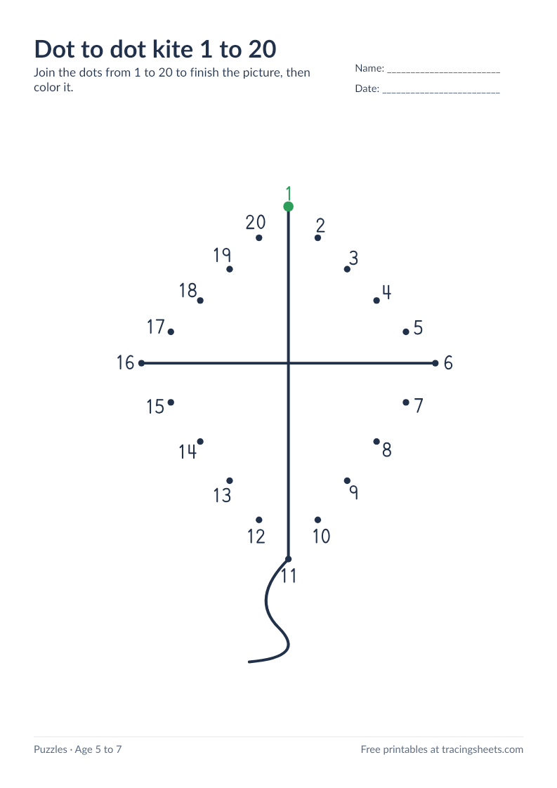 Preview of the printable dot to dot kite 1 to 20 worksheet