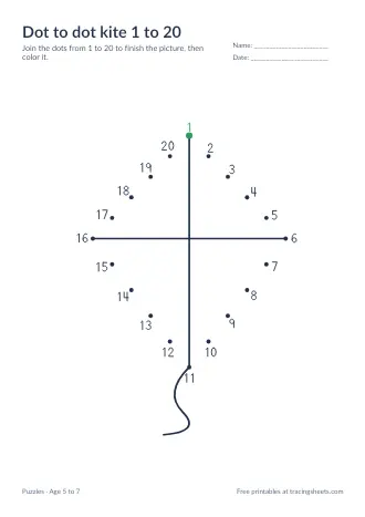 Preview of the dot to dot kite 1 to 20 worksheet