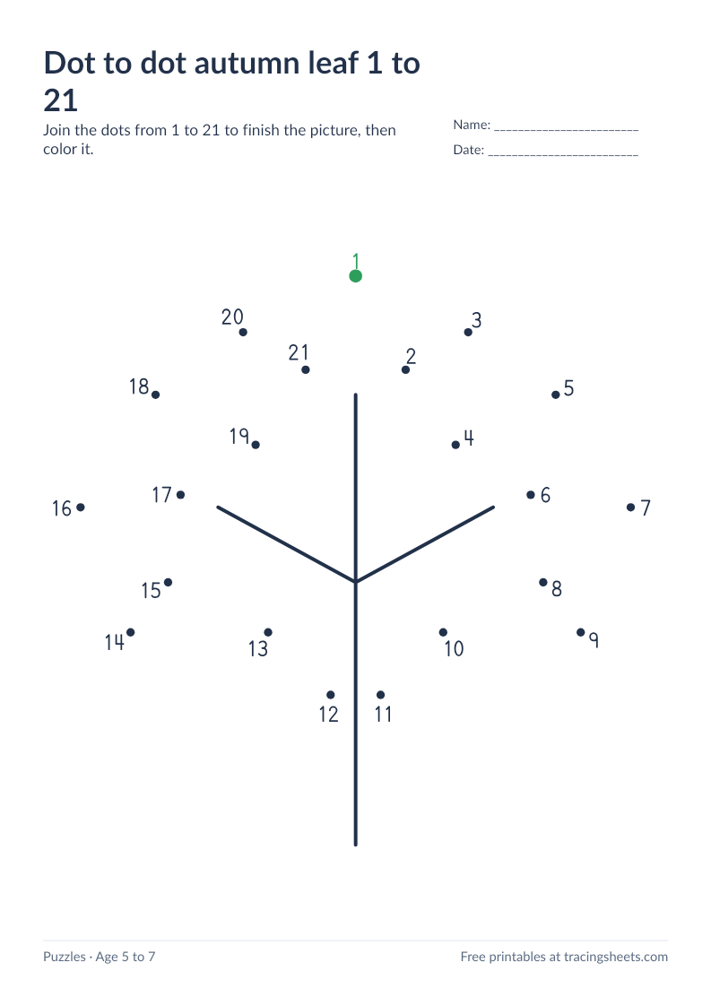 Preview of the printable dot to dot autumn leaf 1 to 21 worksheet