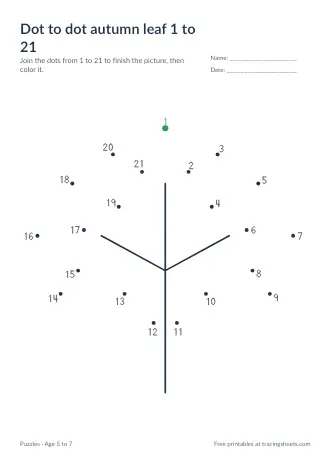 Preview of the dot to dot autumn leaf 1 to 21 worksheet