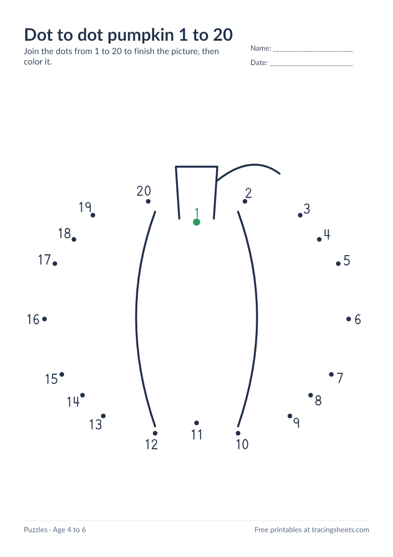 Preview of the printable dot to dot pumpkin 1 to 20 worksheet