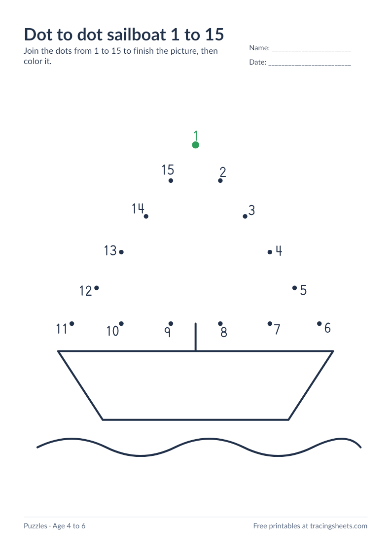 Preview of the printable dot to dot sailboat 1 to 15 worksheet