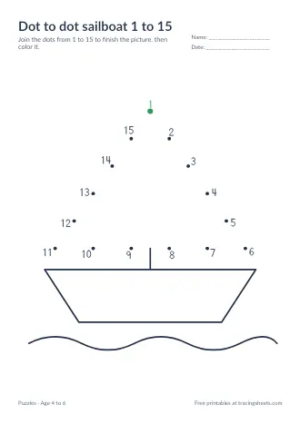 Preview of the dot to dot sailboat 1 to 15 worksheet