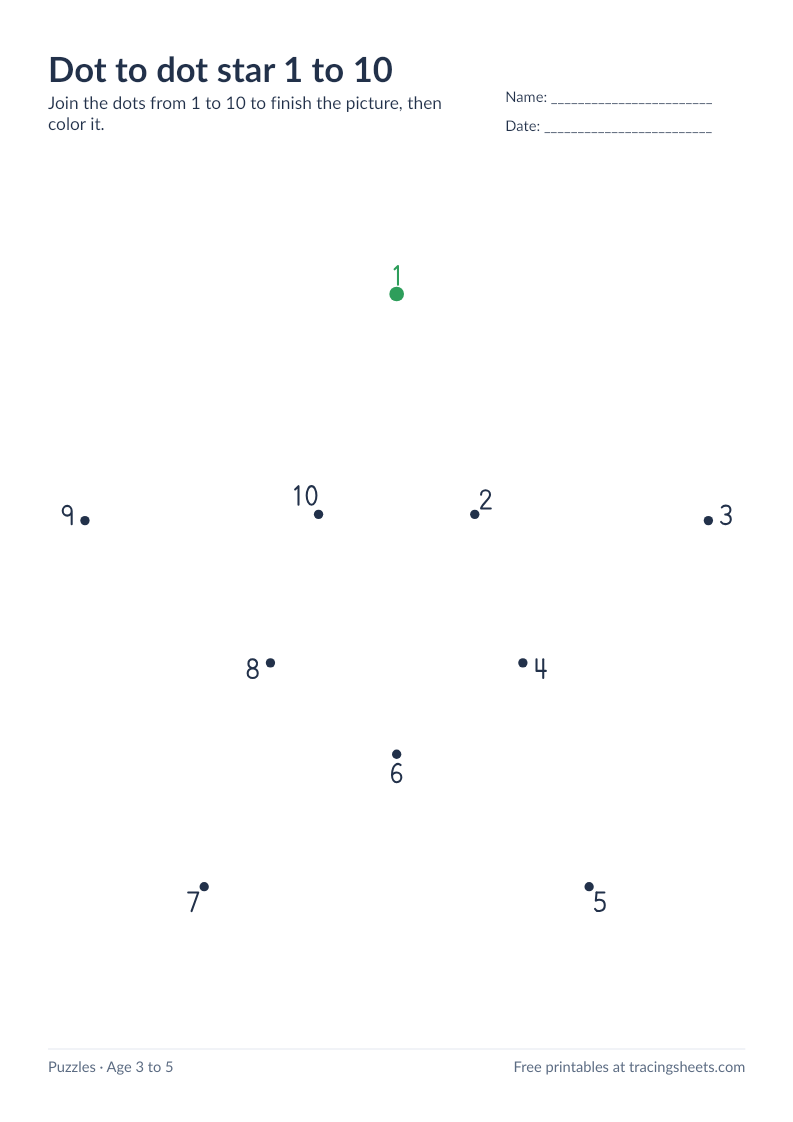 Preview of the printable dot to dot star 1 to 10 worksheet