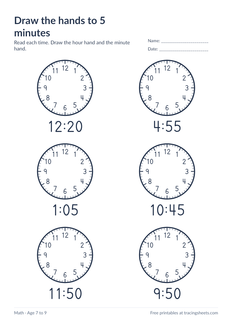 Preview of the printable draw the hands to 5 minutes worksheet