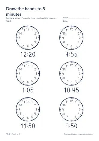 Preview of the draw the hands to 5 minutes worksheet