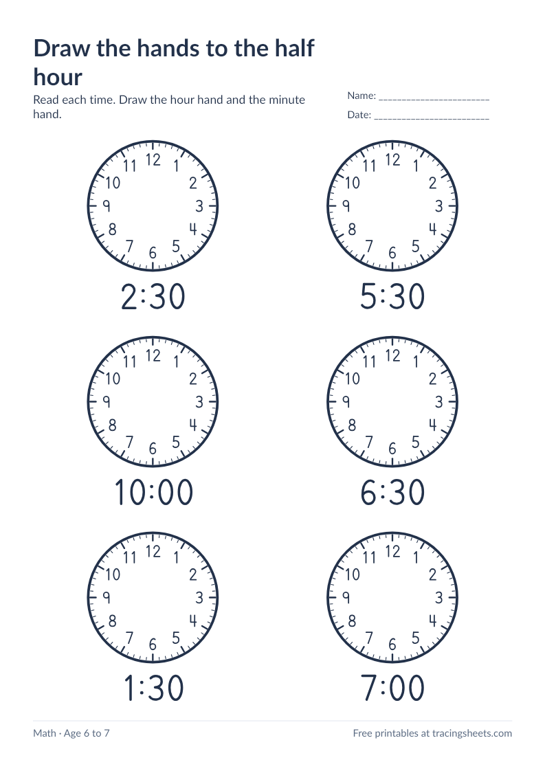 Preview of the printable draw the hands to the half hour worksheet