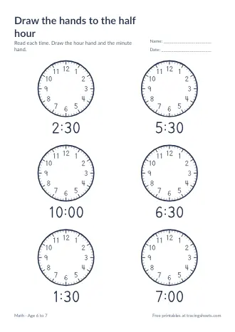 Preview of the draw the hands to the half hour worksheet