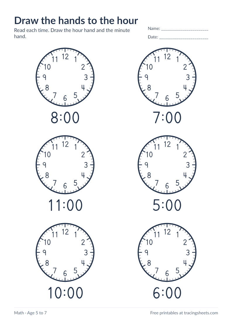 Preview of the printable draw the hands to the hour worksheet