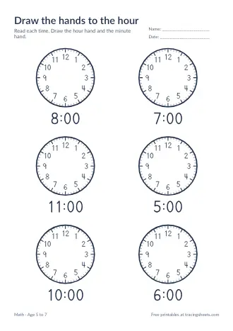 Preview of the draw the hands to the hour worksheet
