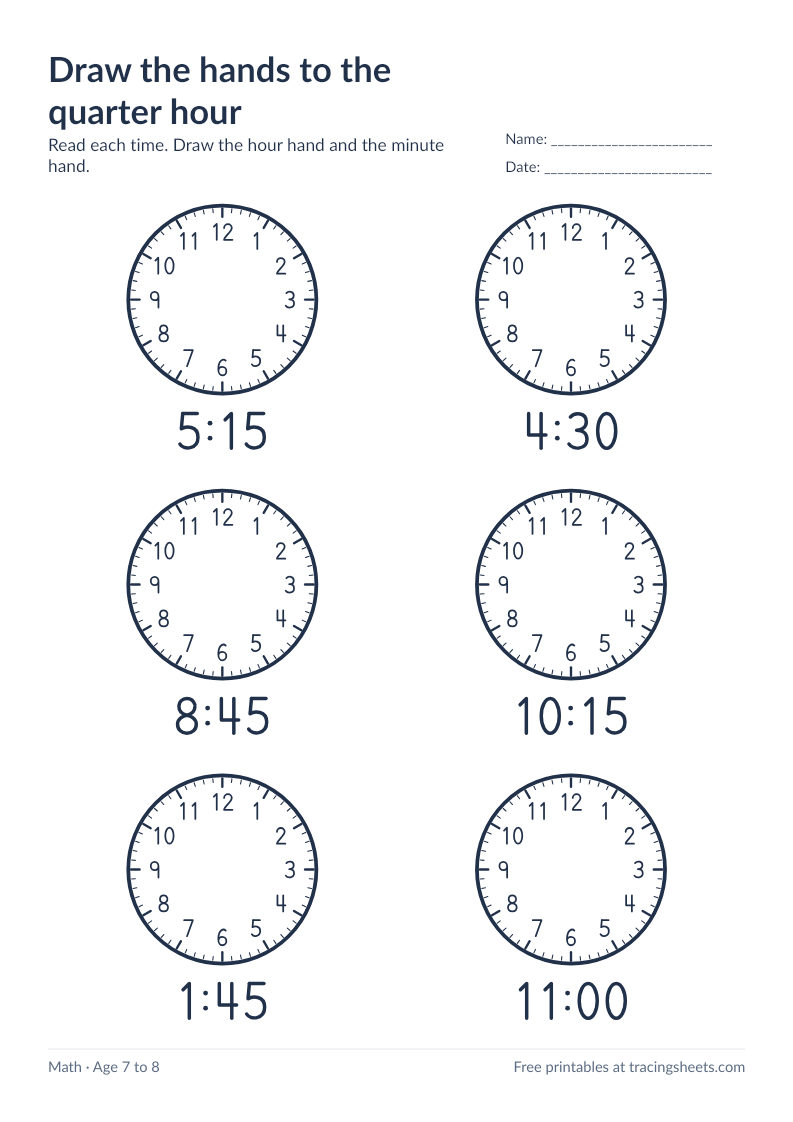 Preview of the printable draw the hands to the quarter hour worksheet