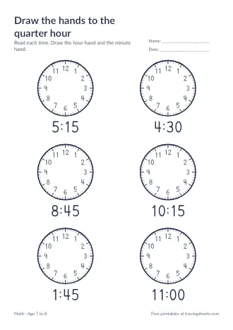 Preview of the draw the hands to the quarter hour worksheet