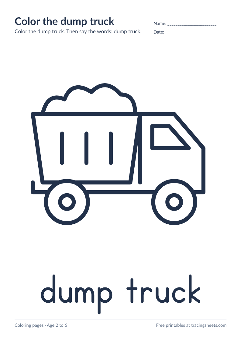 Preview of the printable color the dump truck worksheet