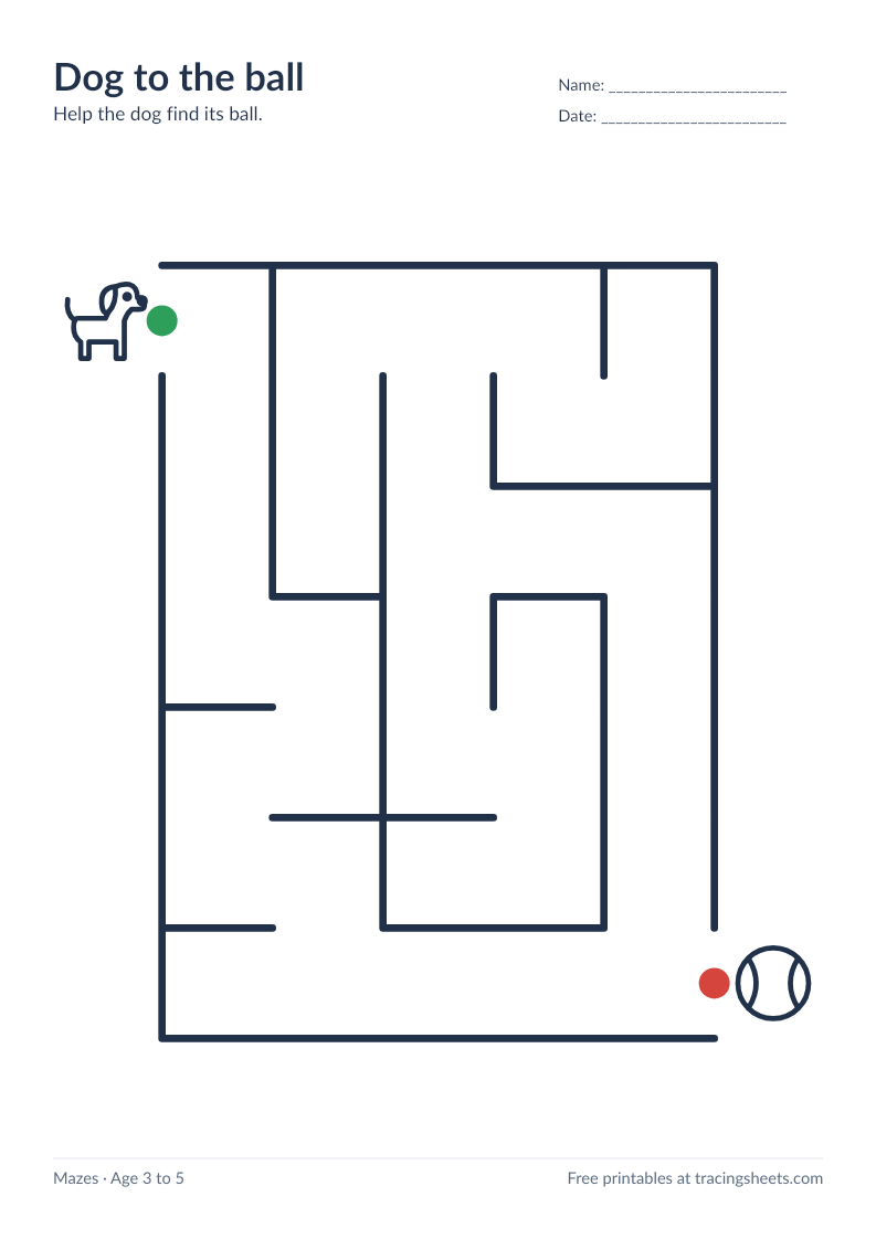 Preview of the printable dog to the ball worksheet