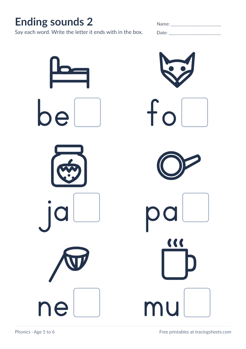 Preview of the printable ending sounds 2 worksheet