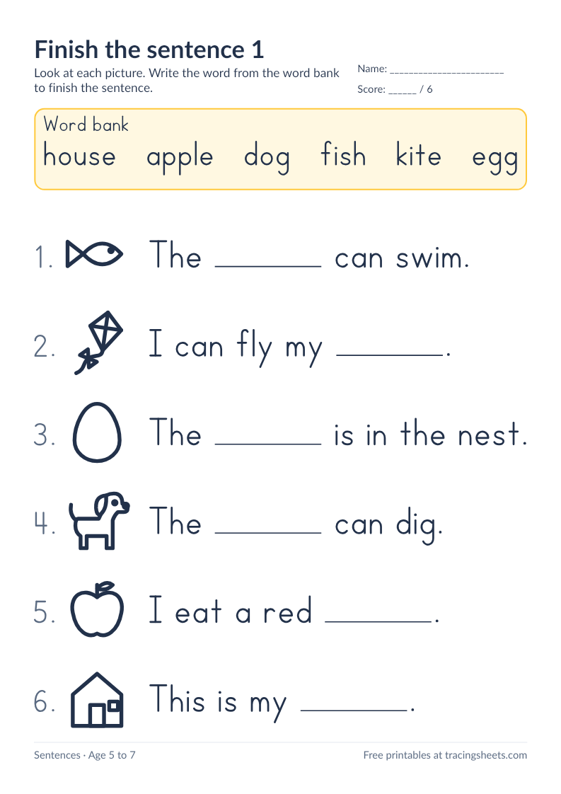 Preview of the printable finish the sentence 1 worksheet