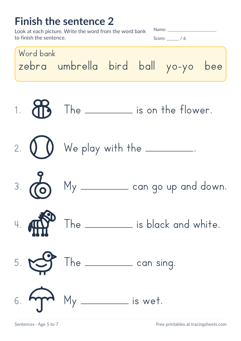 Preview of the printable finish the sentence 2 worksheet