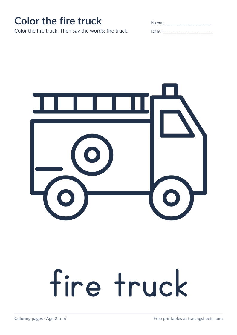 Preview of the printable color the fire truck worksheet