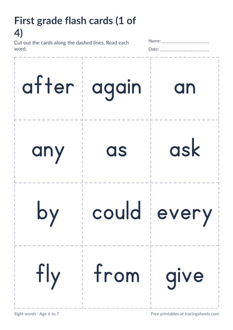 Preview of the printable first grade flash cards (1 of 4) worksheet
