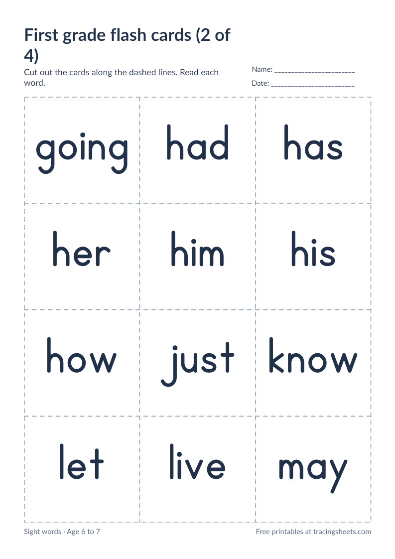 Preview of the printable first grade flash cards (2 of 4) worksheet