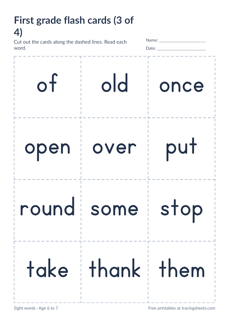Preview of the printable first grade flash cards (3 of 4) worksheet