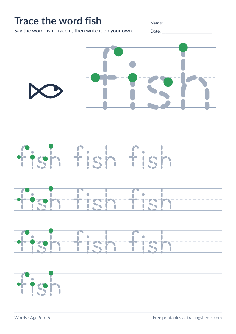Preview of the printable trace the word fish worksheet