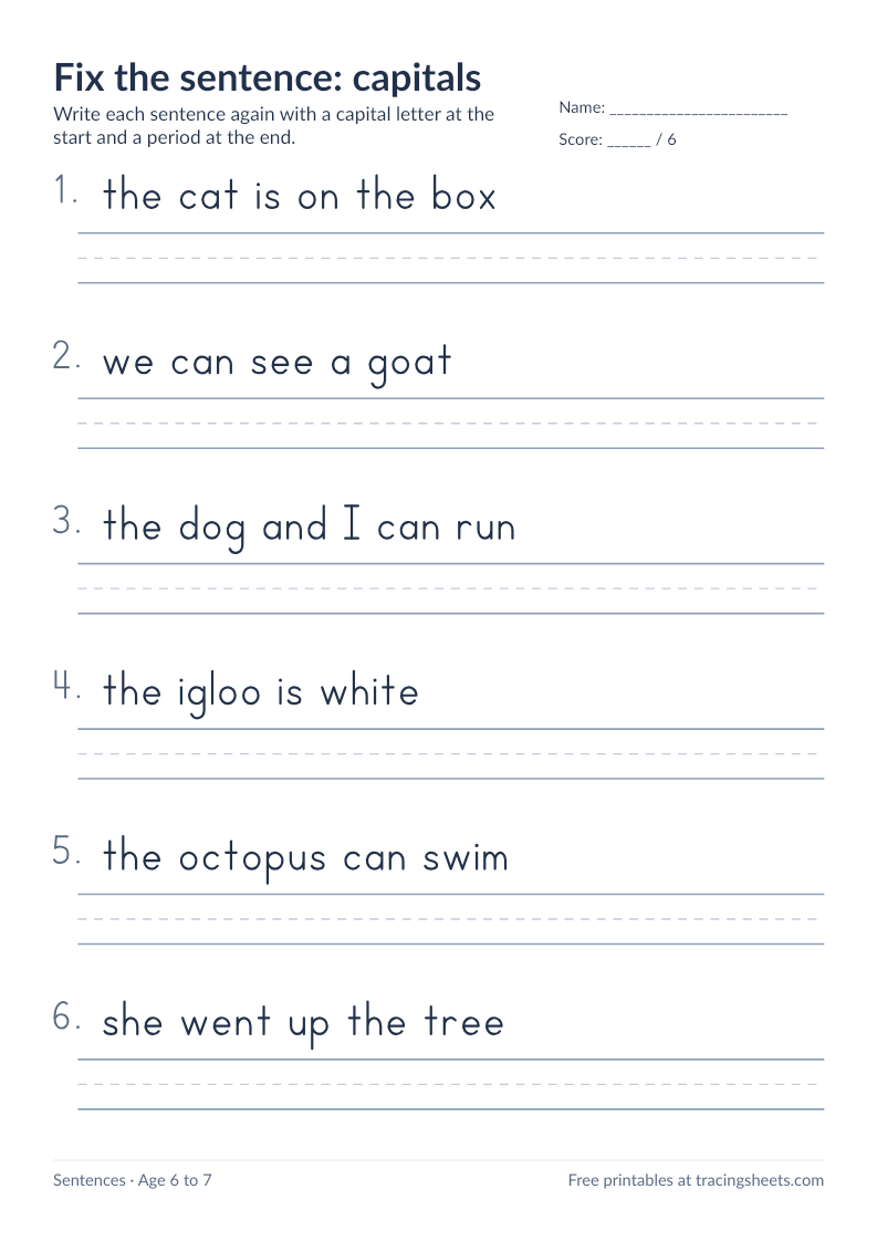 Preview of the printable fix the sentence: capitals worksheet