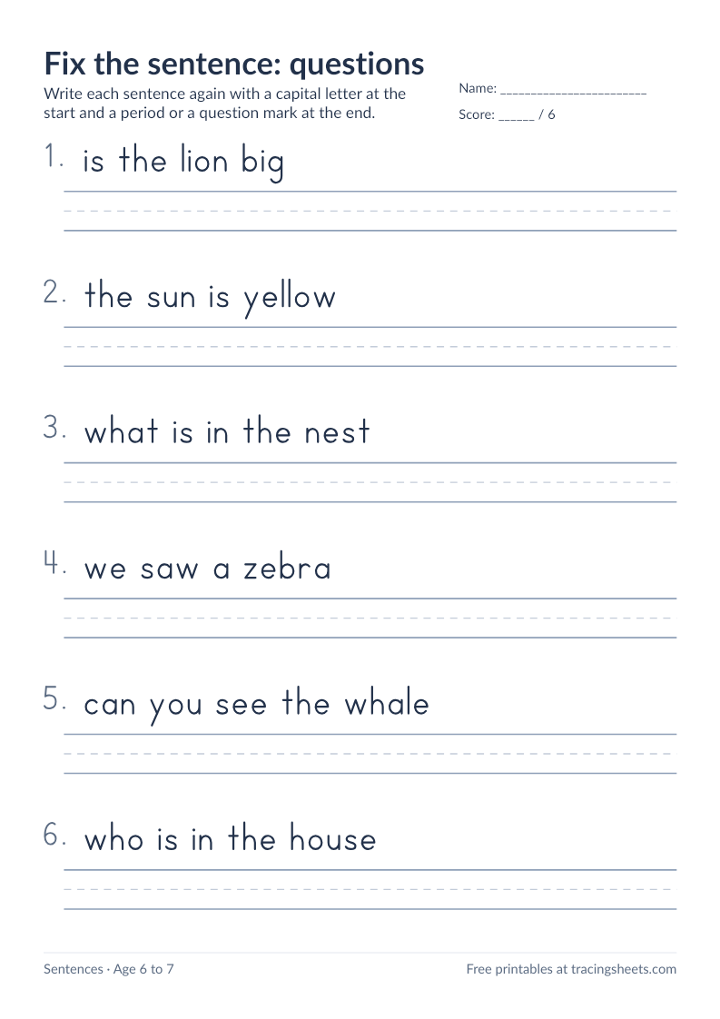 Preview of the printable fix the sentence: questions worksheet