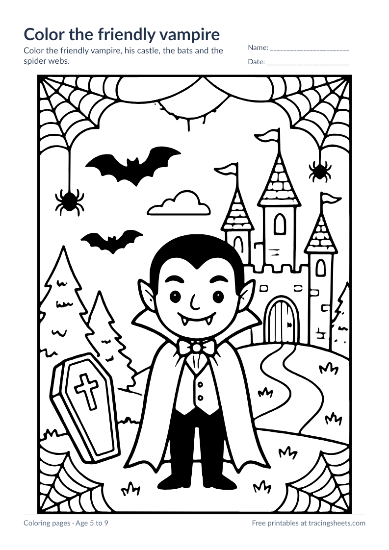 Preview of the printable color the friendly vampire worksheet