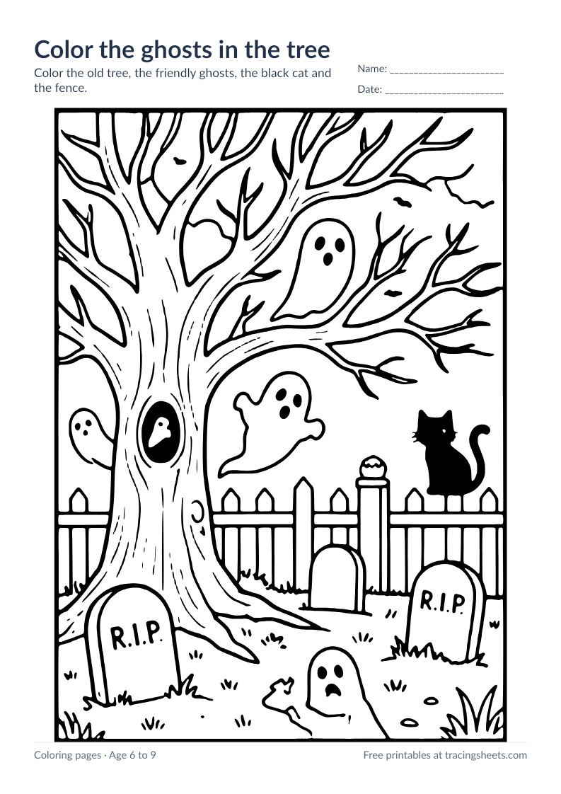 Preview of the printable color the ghosts in the tree worksheet