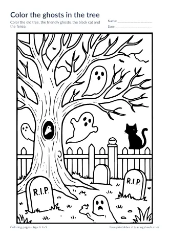 Preview of the color the ghosts in the tree worksheet