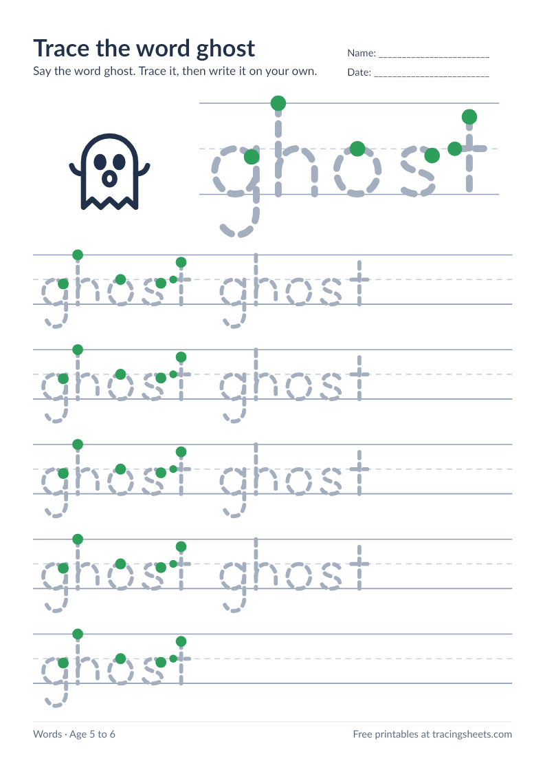 Preview of the printable trace the word ghost worksheet
