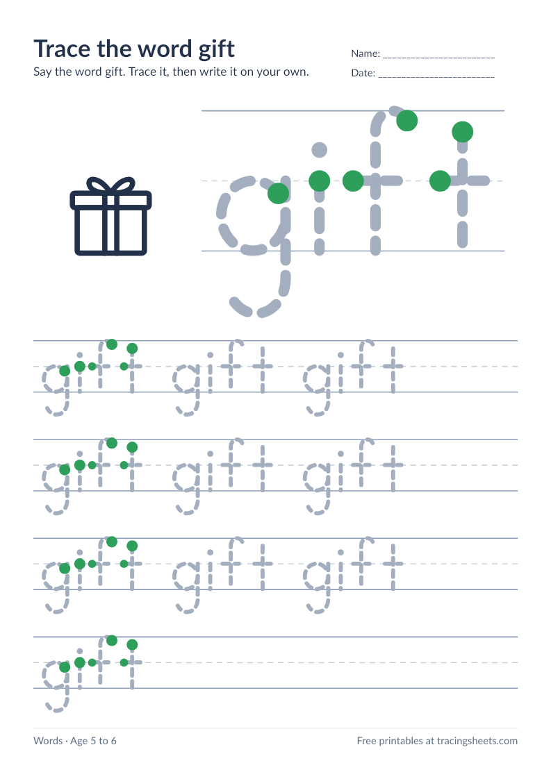 Preview of the printable trace the word gift worksheet