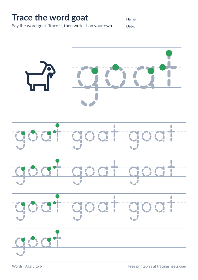 Preview of the printable trace the word goat worksheet