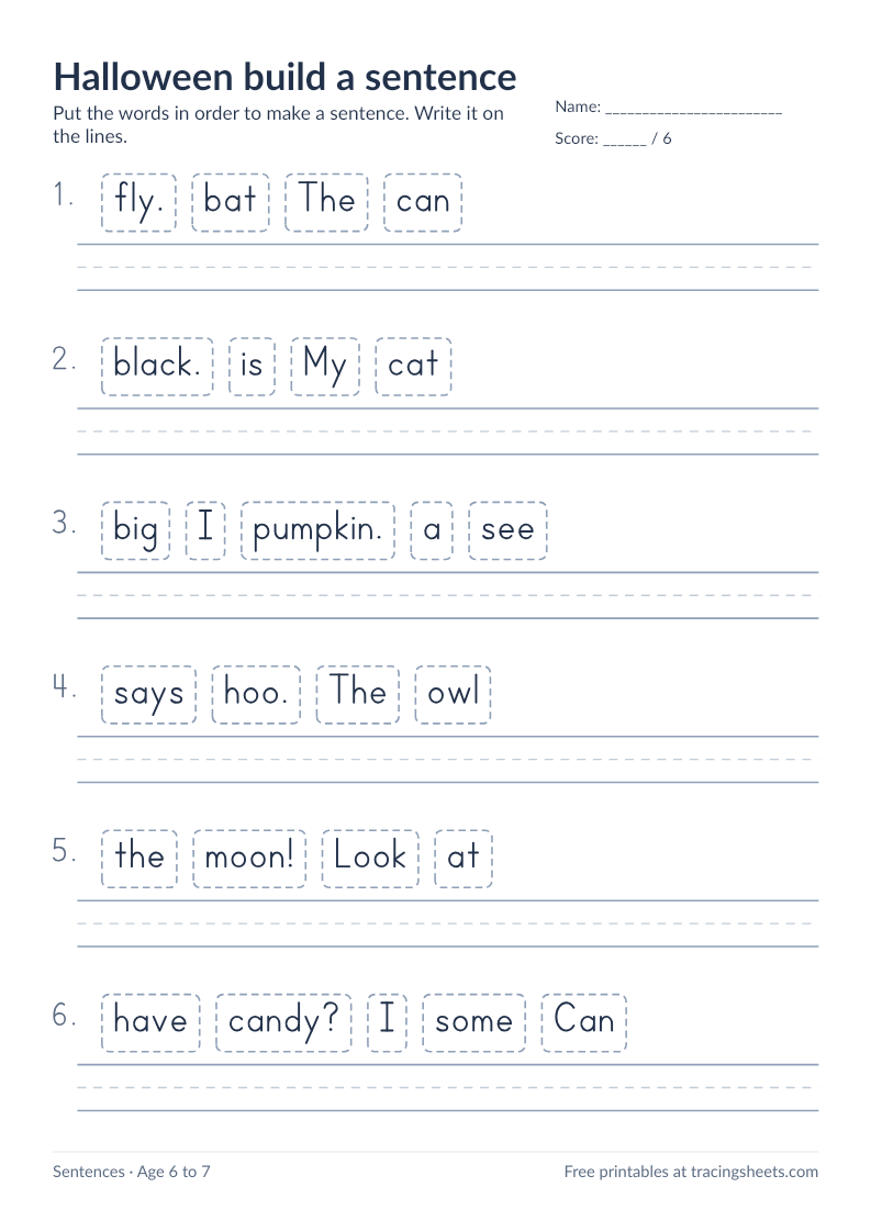 Preview of the printable halloween build a sentence worksheet