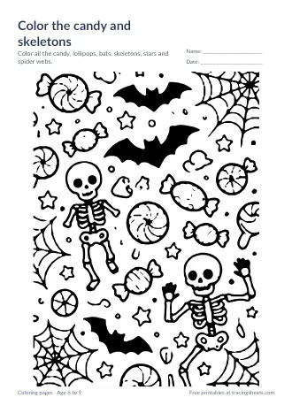 Preview of the color the candy and skeletons worksheet