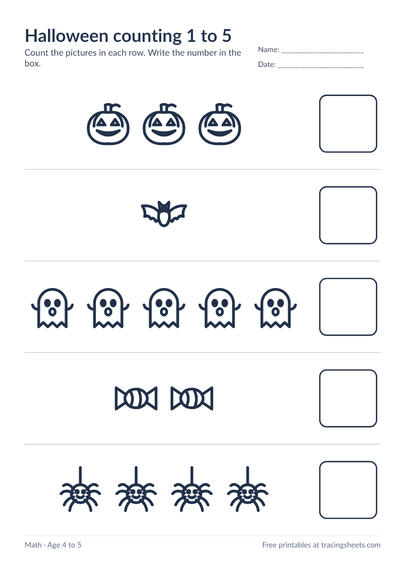Preview of the printable halloween counting 1 to 5 worksheet