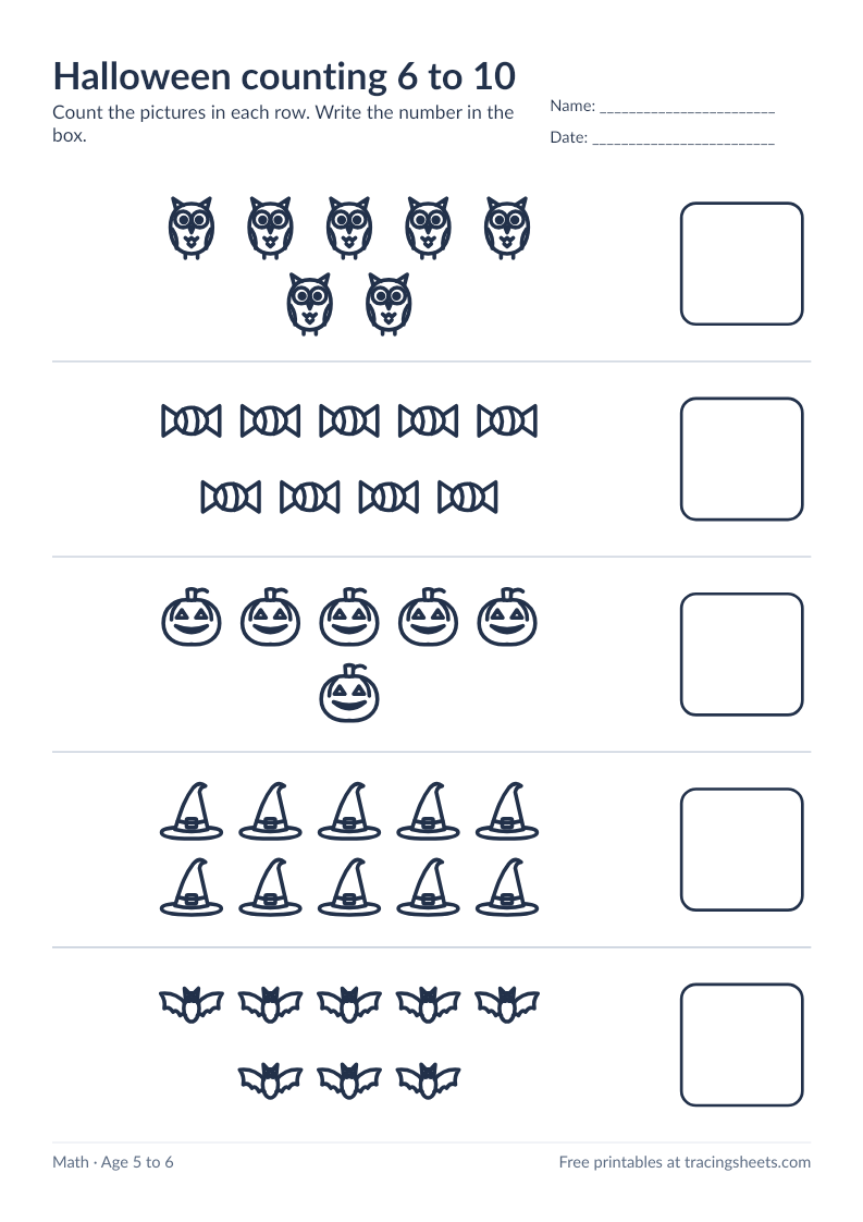 Preview of the printable halloween counting 6 to 10 worksheet